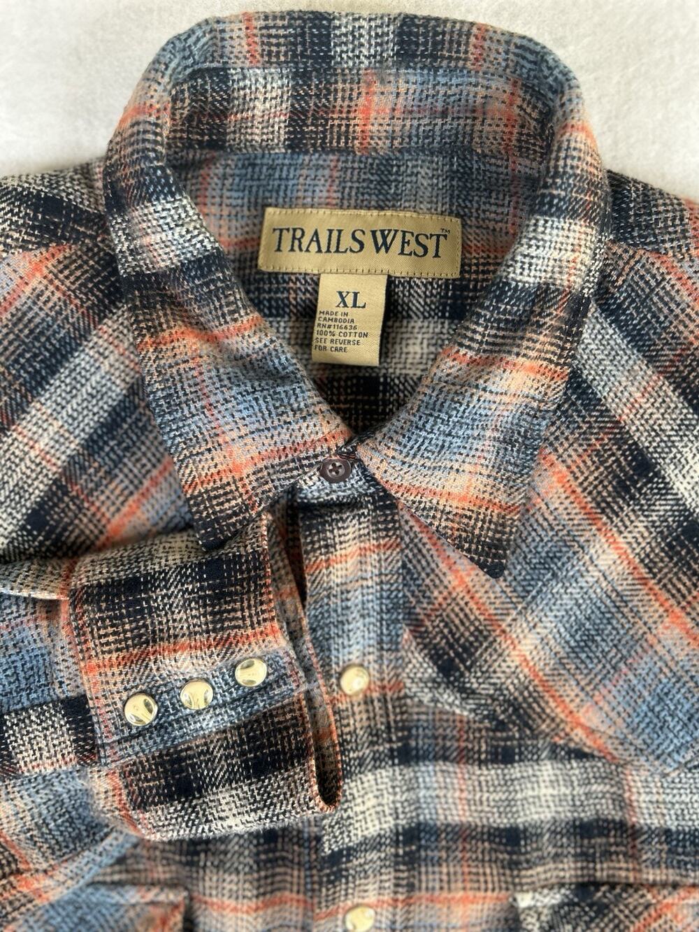 Trails West Shirt Mens XL Blue Pearl Snap Western Plaid Flannel Outdoors